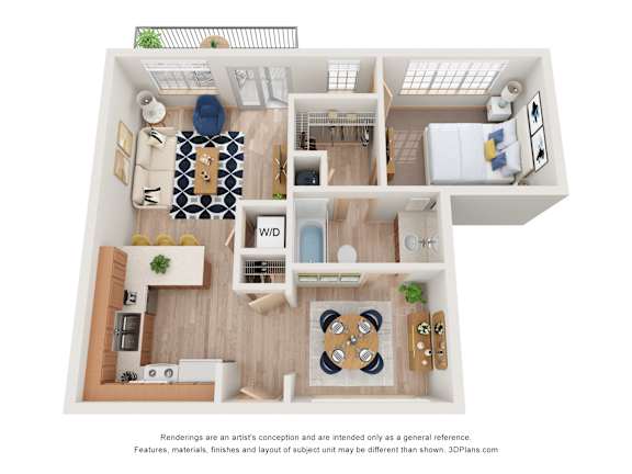 A 3D floor plan of a house with a kitchen, living room, dining room, and bedrooms.