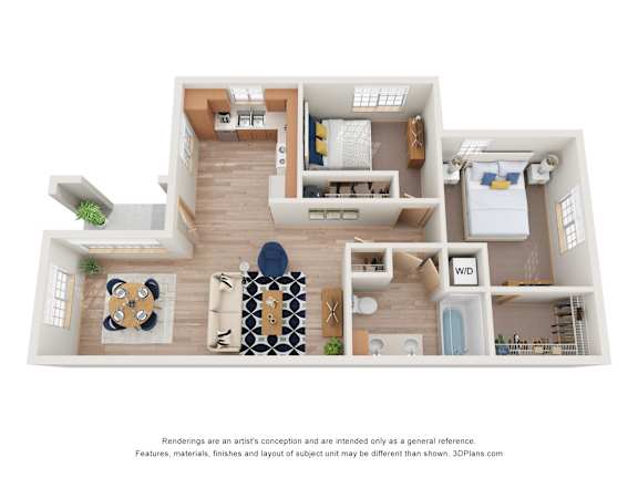 A 3D floor plan of a house with a kitchen, living room, dining room, and bedrooms.