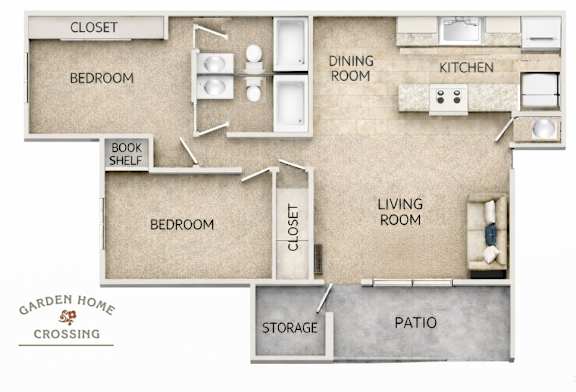 Floor Plan  A floor plan of a house with a living room, dining room, kitchen, two bedrooms, a bathroom, a pantry, a storage area, and a patio.