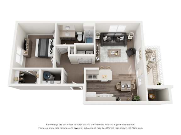 A 3D floor plan of a small apartment with a kitchen, living room, and bedroom.