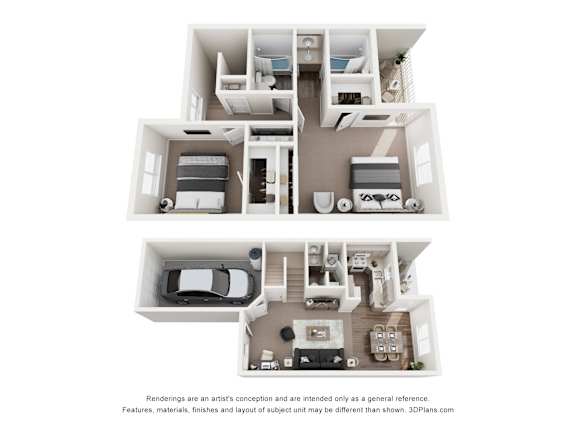 A 3D floor plan of a house with two bedrooms, a living room, a kitchen, and a garage.