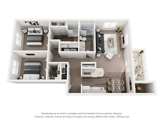A 3D floor plan of a small apartment with two bedrooms, a living room, and a kitchen.