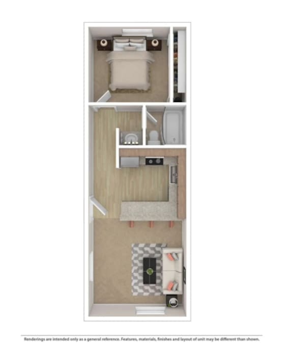 A diagram of a small apartment with a bedroom and a kitchen.
