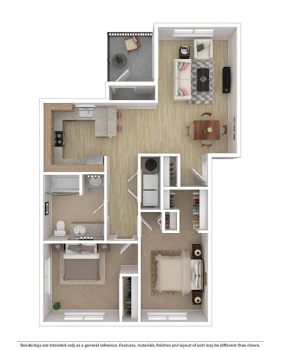 A 3D rendered image of a small apartment layout.
