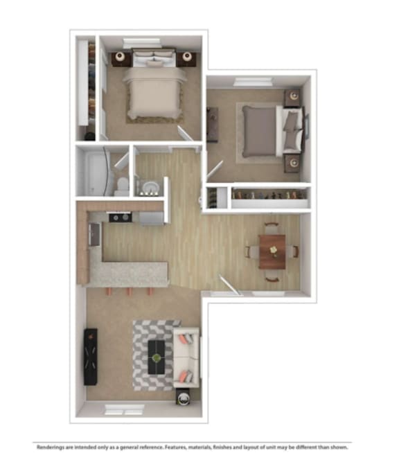 A floor plan of a small apartment with a kitchen, living room, and two bedrooms.