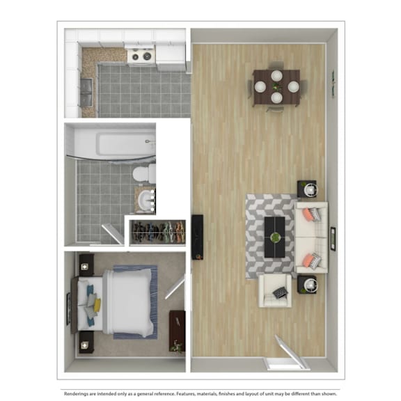 A top down view of a small apartment with a kitchen, bathroom and living room.