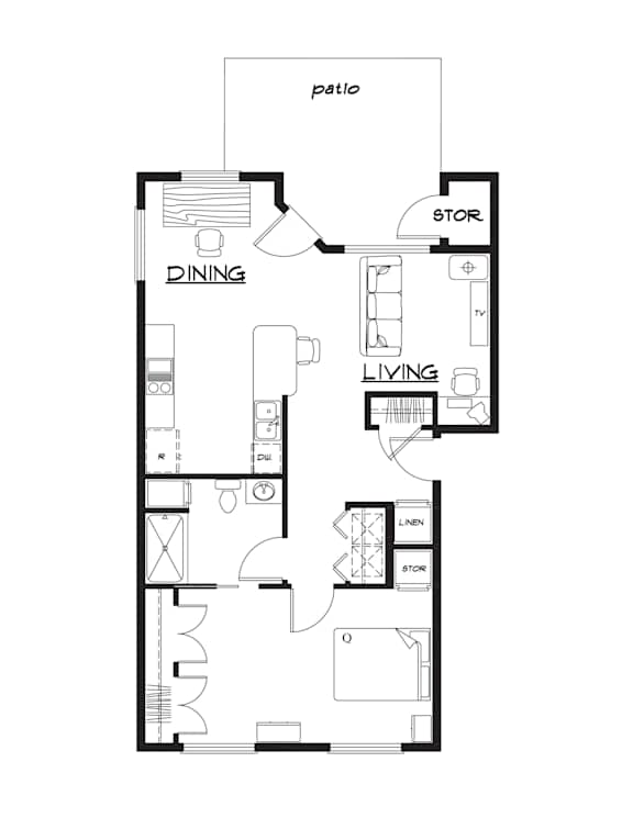 Floor Plan  A black and white image of a floor plan for a house.
