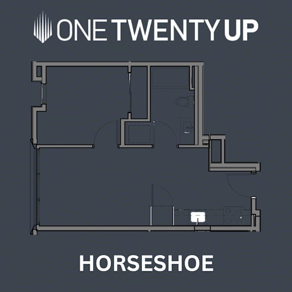 A floor plan of a horseshoe-shaped building layout.