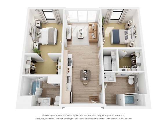 Floor Plan  A 3D floor plan of a house with a kitchen, living room, and two bedrooms.