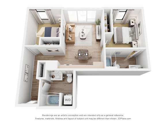 Floor Plan  A 3D floor plan of a small apartment with a kitchen, living room, and bathroom.
