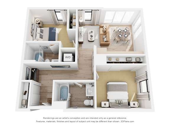 Floor Plan  A 3D floor plan of a house with a kitchen, living room, and bathrooms.