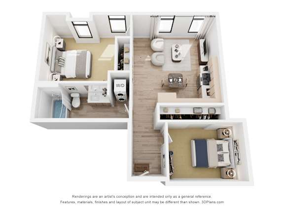 Floor Plan  A floor plan of a two-bedroom apartment with a kitchen, living room, and bathroom.