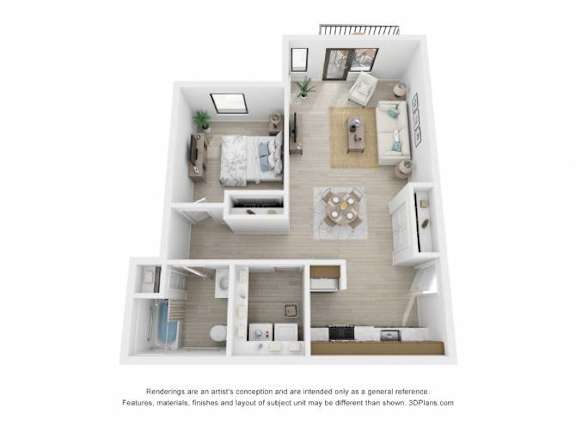 A 3D floor plan of a small apartment with a kitchen, living room, and bedroom.