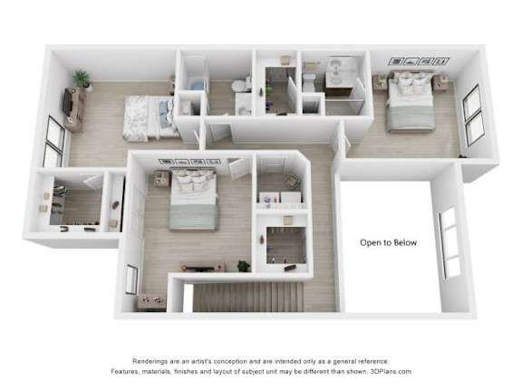 A 3D floor plan of a house with a living room, kitchen, and two bedrooms.