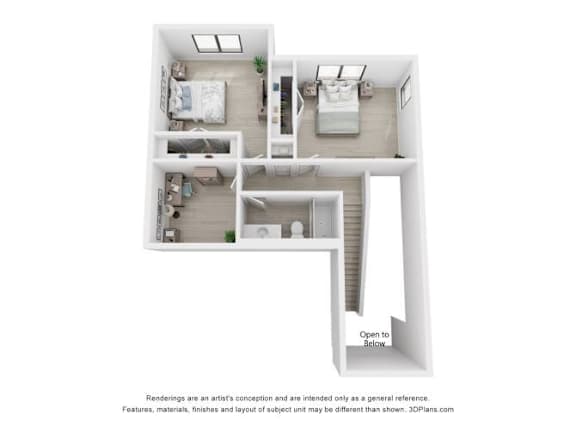A 3D floor plan of a house with a kitchen, living room, and bedrooms.