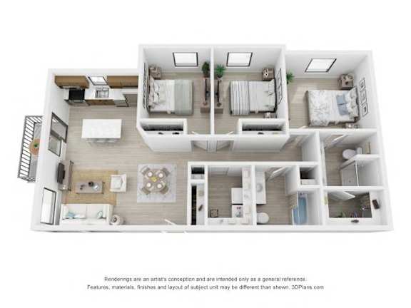 A 3D floor plan of a house with two bedrooms, a living room, a kitchen, and a bathroom.