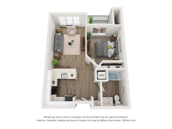 A 3D floor plan of a small apartment with a living room, kitchen, and bedroom.
