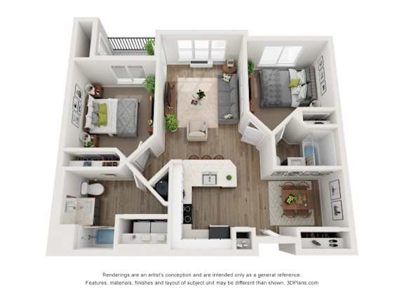 A 3D floor plan of a house with two bedrooms, a living room, a kitchen, and a bathroom.