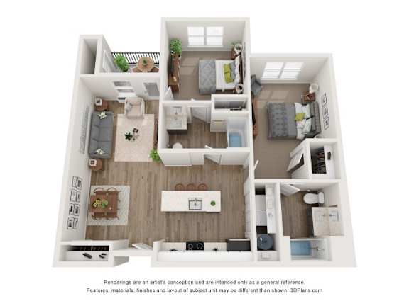 A 3D floor plan of a house with a kitchen, living room, and bedrooms.