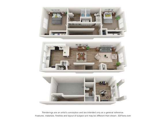 A 3D floor plan of a house with two bedrooms, a living room, a kitchen, and a bathroom.