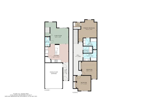 A floor plan of a house with two bedrooms, a living room, a garage, and a kitchen.