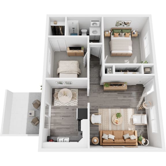 a stylized floor plan with a bedroom and a living room