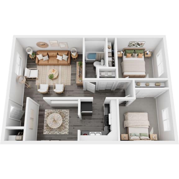 a stylized floor plan with a bedroom and a living room
