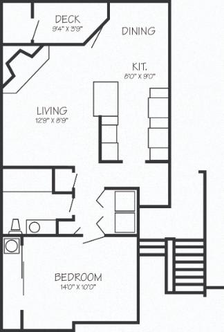 A black and white image of a floor plan for a small apartment.