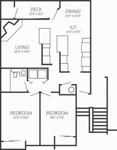 A black and white floor plan of a house with a deck, two bedrooms, a living room, a dining room, and a kitchen.
