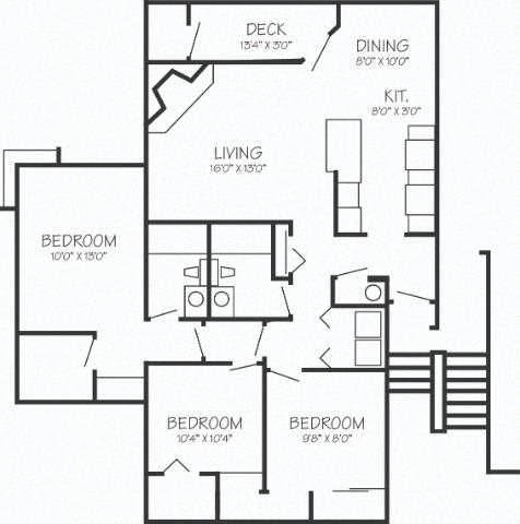 A black and white image of a floor plan for a house with a deck, dining area, living room, and four bedrooms.