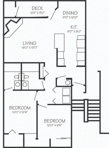 A black and white image of a floor plan for a small apartment.