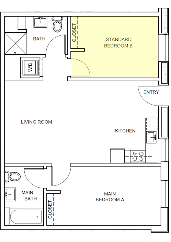 A floor plan of a house with a living room, kitchen, two bathrooms, and two bedrooms.