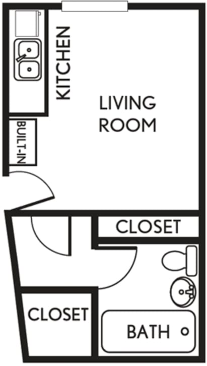 A floor plan of a small apartment with a kitchen, living room, and bathroom.