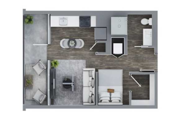 A top-down view of a kitchen with a dining table and chairs.