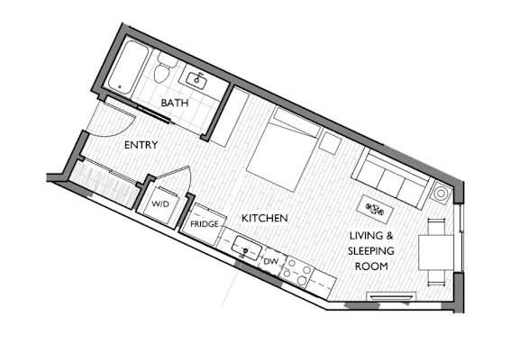 A floor plan of a small apartment with a living and sleeping room.