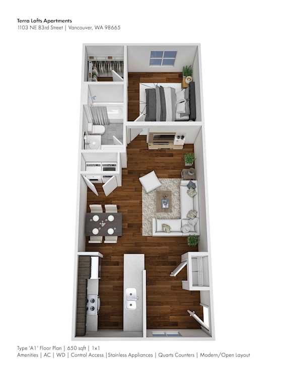 A floor plan of a Type A1 apartment with 1 bedroom, 1 bathroom, and a living area.