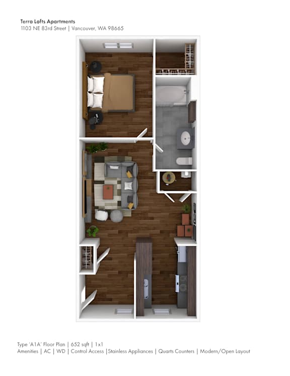A floor plan of a 652 sqft apartment with 1x1 layout.