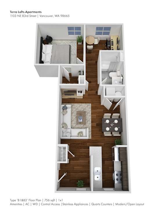 A floor plan of a one bedroom apartment with a living room, kitchen, and bathroom.