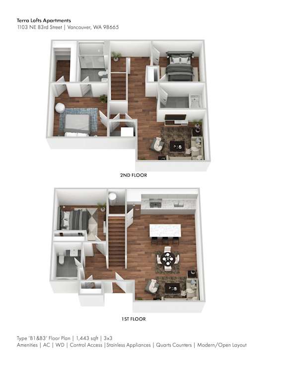 A floor plan for a 1 bedroom apartment at the 2nd floor of the building.