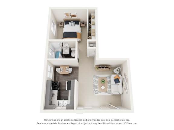A 3D floor plan of a small apartment with two bedrooms and a living room.