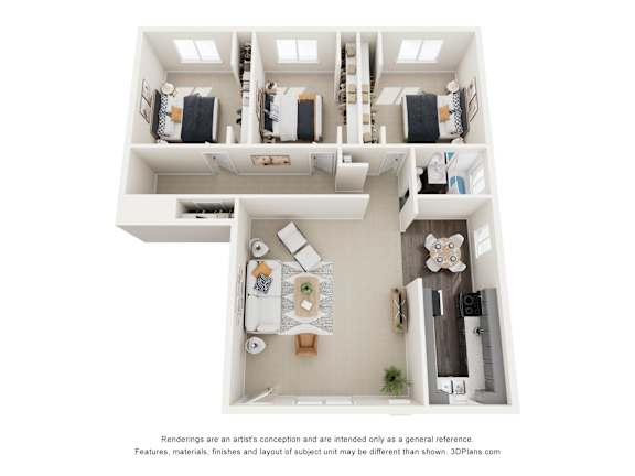 A 3D floor plan of a house with a kitchen, living room, and two bedrooms.