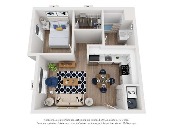 A 3D floor plan of a small apartment with a kitchen, living room, and bedroom.