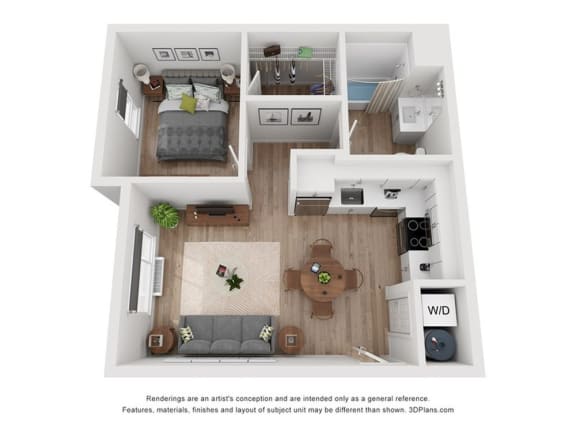 a stylized floor plan with a bedroom and a living room