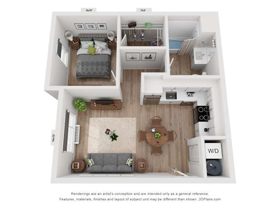 A 3D floor plan of a small apartment with a bedroom, living room, kitchen, and bathroom.