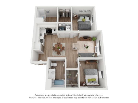 a stylized floor plan of a 1 bedroom apartment