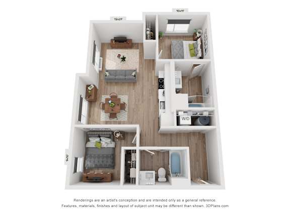 A 3D floor plan of a small apartment with a living room, kitchen, and two bedrooms.