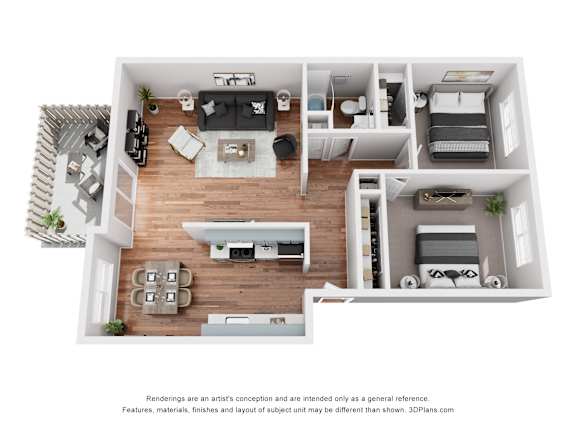 Floor Plan  A 3D floor plan of a modern apartment with a living room, kitchen, and bedrooms.