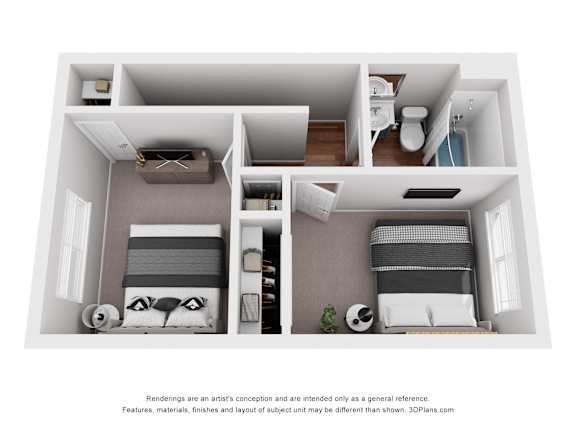A 3D floor plan of a small apartment with two bedrooms and a living area.
