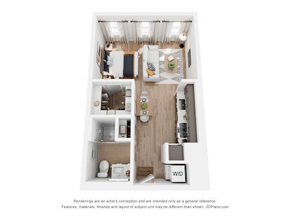 A 3D floor plan of a small apartment with a kitchen, living room, and bathroom.
