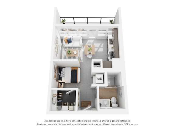 A 3D floor plan of a small apartment with a kitchen, living room, and bathroom.